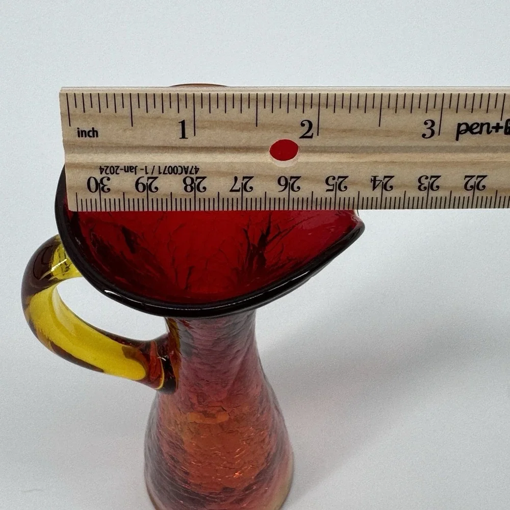 Vintage Amberina Red Crackle Art Glass Pitcher Yellow Handle Hand Blown MCM